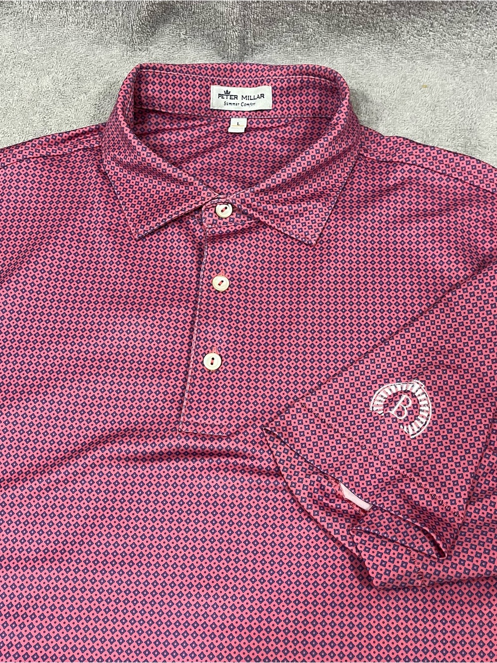 Peter Millar Golf Polo Mens Large Summer Comfort Pink blue geometric Ballen Isle